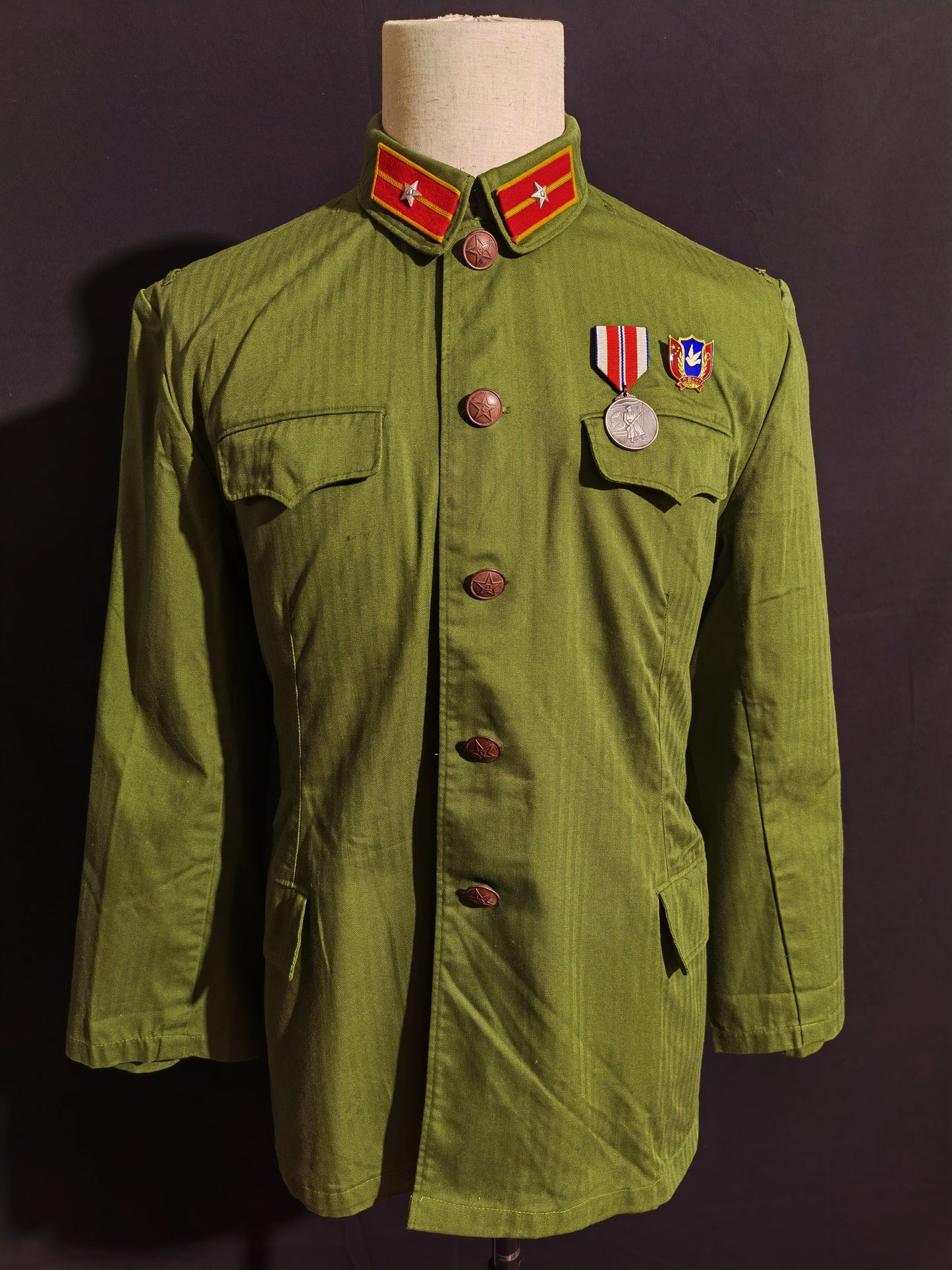 Original Late Type 58 Chinese Army Second Lieutenant Field Green Herringbone Spring & Autumn Service Uniform Jacket & Trousers Set