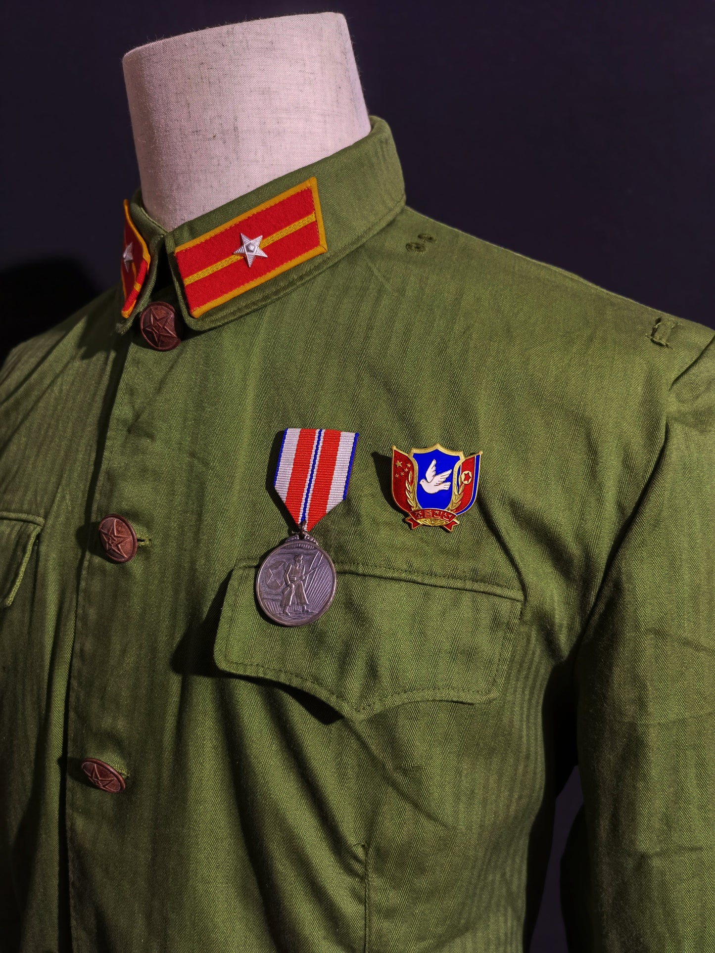 Original Late Type 58 Chinese Army Second Lieutenant Field Green Herringbone Spring & Autumn Service Uniform Jacket & Trousers Set