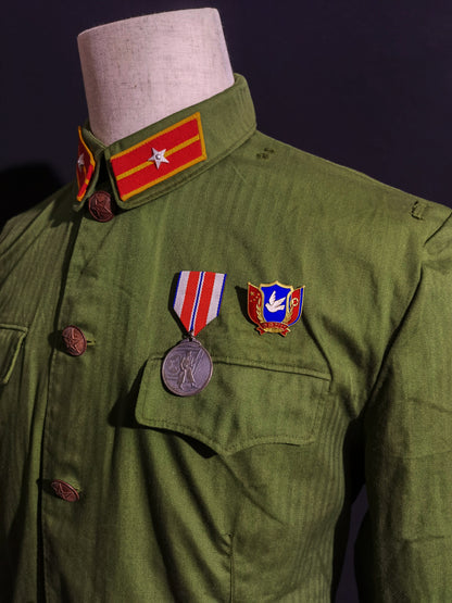 Original Late Type 58 Chinese Army Second Lieutenant Field Green Herringbone Spring & Autumn Service Uniform Jacket & Trousers Set