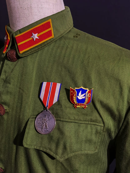 Original Late Type 58 Chinese Army Second Lieutenant Field Green Herringbone Spring & Autumn Service Uniform Jacket & Trousers Set