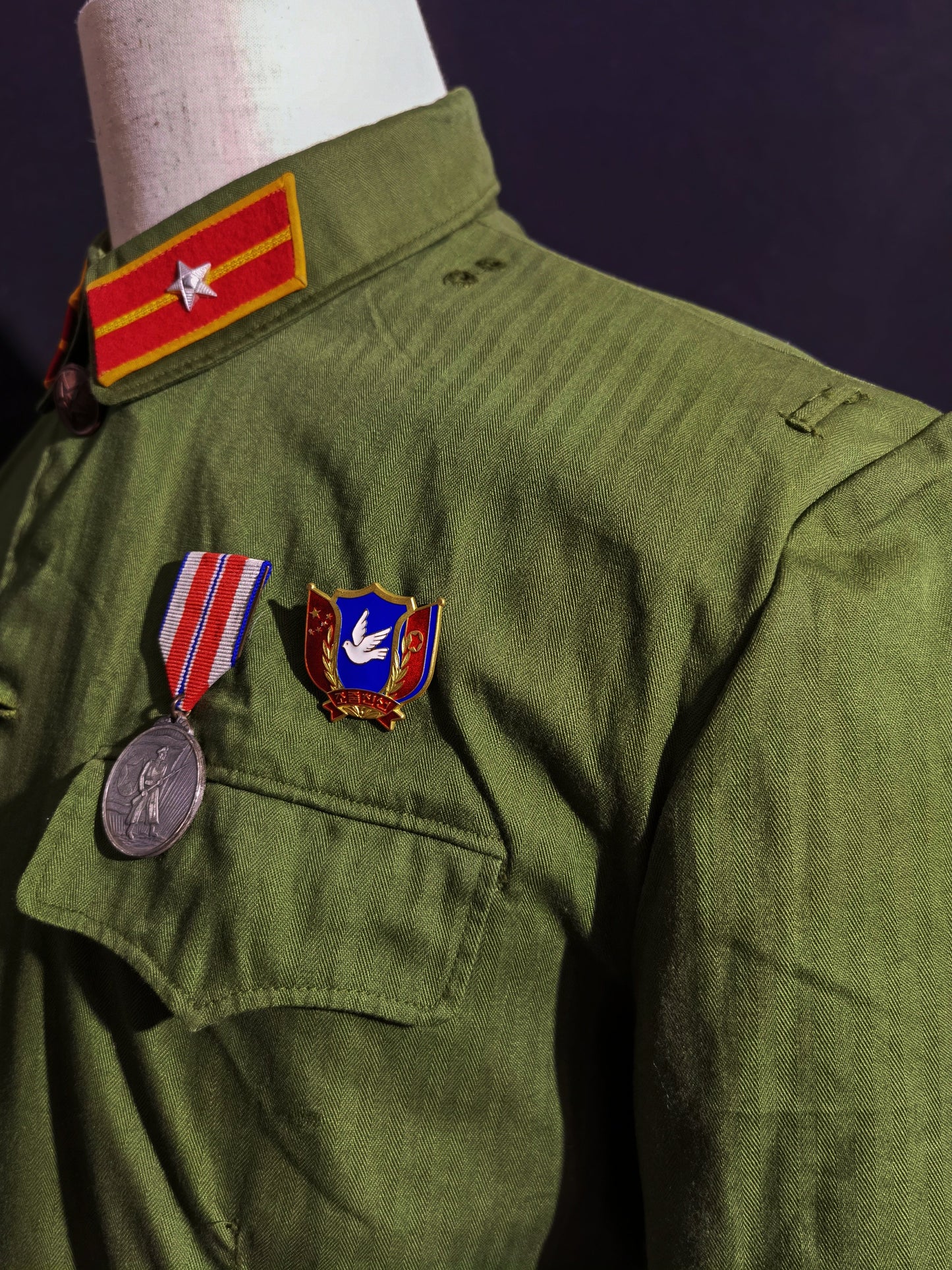 Original Late Type 58 Chinese Army Second Lieutenant Field Green Herringbone Spring & Autumn Service Uniform Jacket & Trousers Set