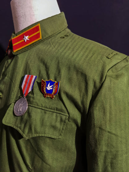 Original Late Type 58 Chinese Army Second Lieutenant Field Green Herringbone Spring & Autumn Service Uniform Jacket & Trousers Set