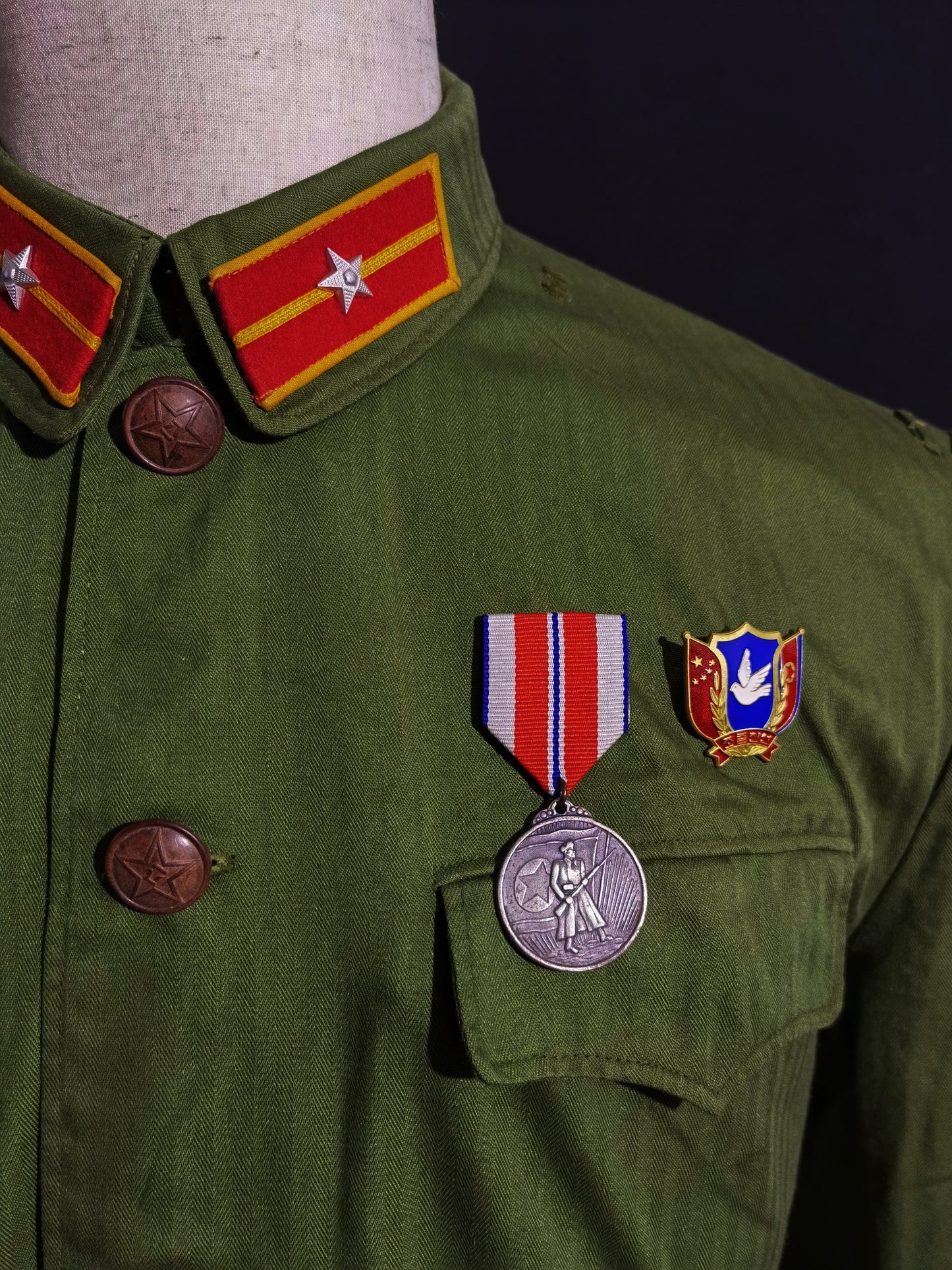 Original Late Type 58 Chinese Army Second Lieutenant Field Green Herringbone Spring & Autumn Service Uniform Jacket & Trousers Set