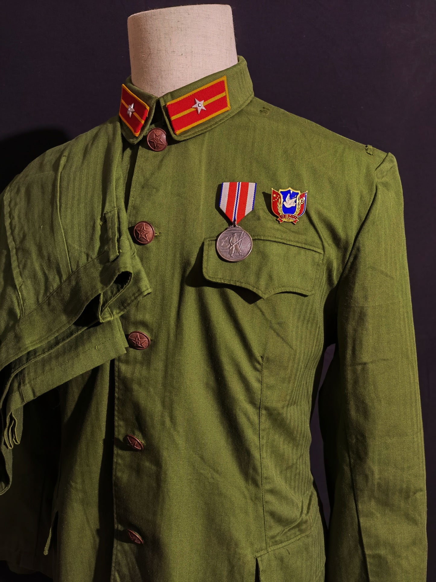Original Late Type 58 Chinese Army Second Lieutenant Field Green Herringbone Spring & Autumn Service Uniform Jacket & Trousers Set