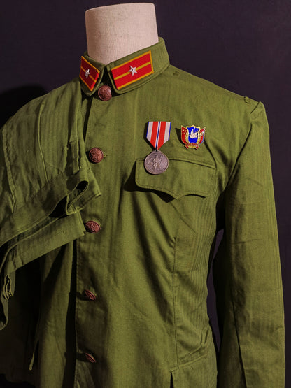 Original Late Type 58 Chinese Army Second Lieutenant Field Green Herringbone Spring & Autumn Service Uniform Jacket & Trousers Set
