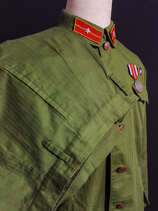 Original Late Type 58 Chinese Army Second Lieutenant Field Green Herringbone Spring & Autumn Service Uniform Jacket & Trousers Set