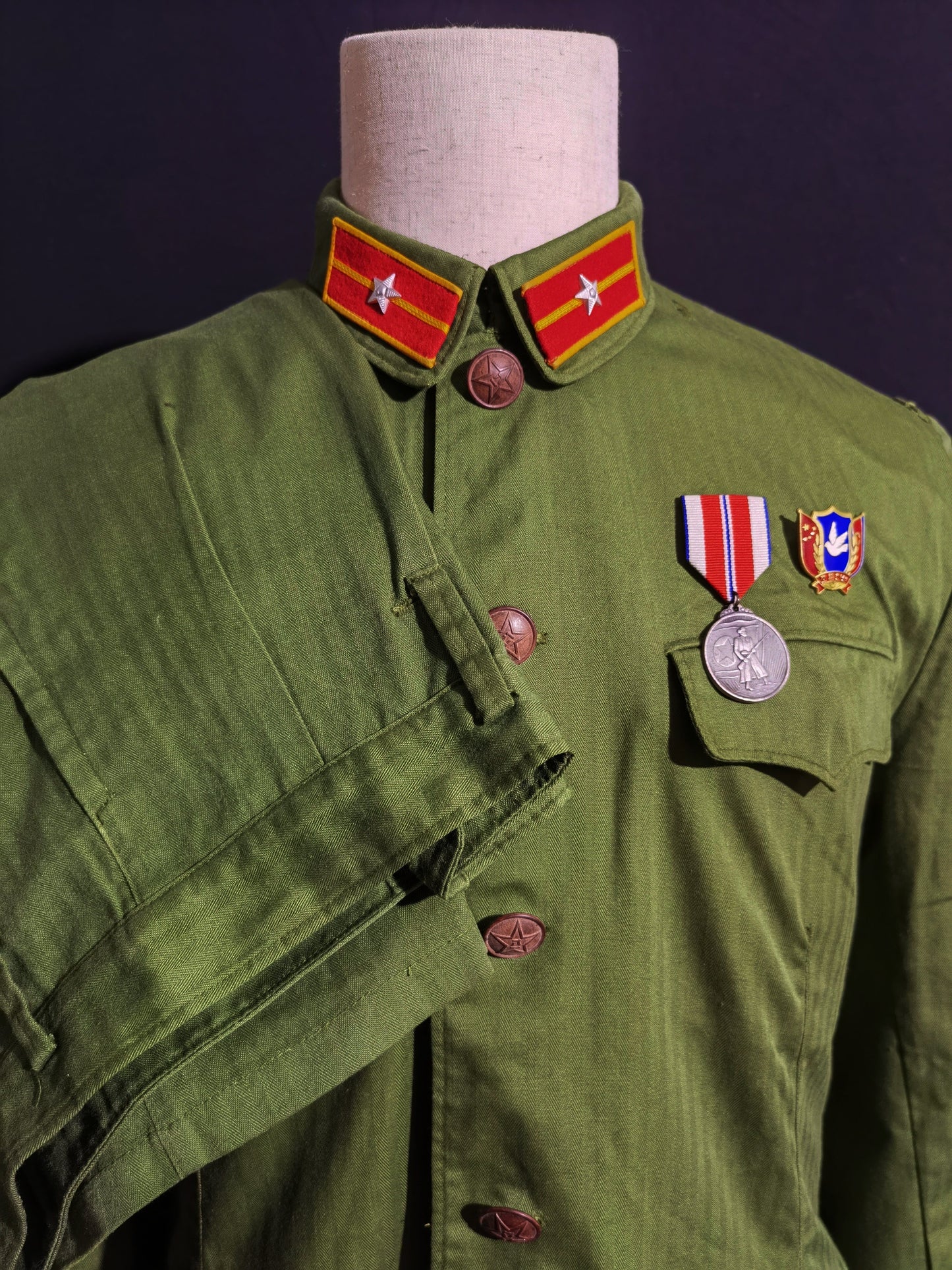 Original Late Type 58 Chinese Army Second Lieutenant Field Green Herringbone Spring & Autumn Service Uniform Jacket & Trousers Set