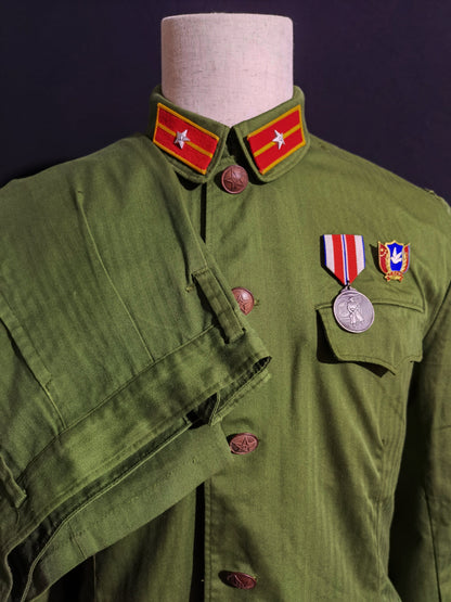Original Late Type 58 Chinese Army Second Lieutenant Field Green Herringbone Spring & Autumn Service Uniform Jacket & Trousers Set