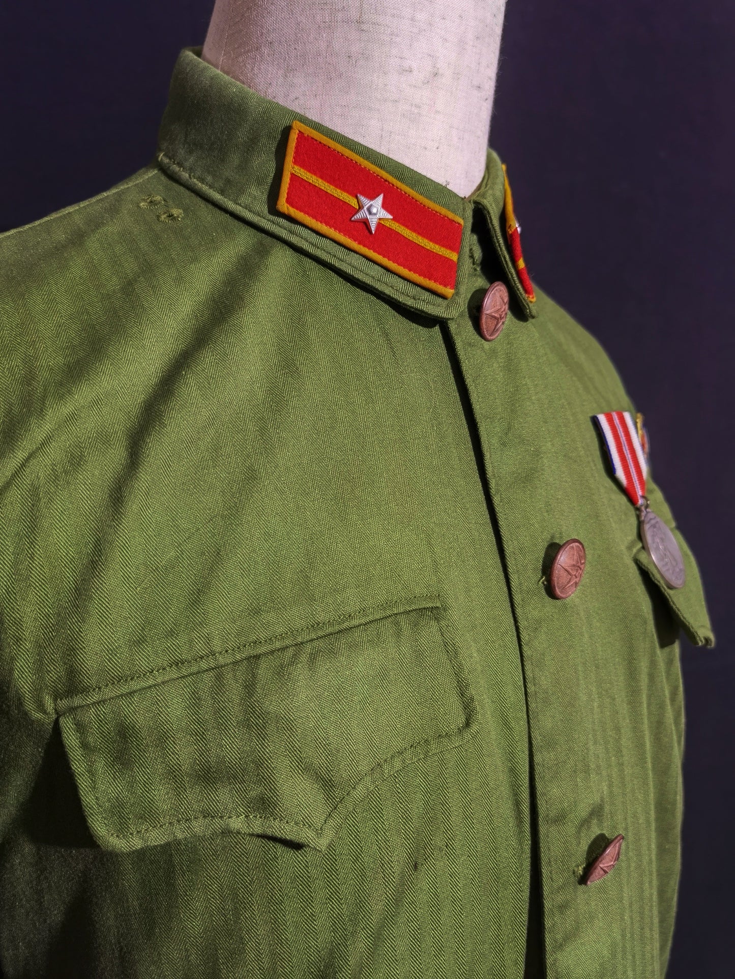 Original Late Type 58 Chinese Army Second Lieutenant Field Green Herringbone Spring & Autumn Service Uniform Jacket & Trousers Set