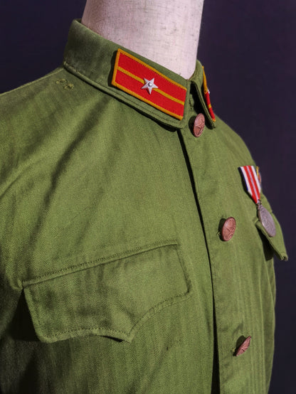 Original Late Type 58 Chinese Army Second Lieutenant Field Green Herringbone Spring & Autumn Service Uniform Jacket & Trousers Set