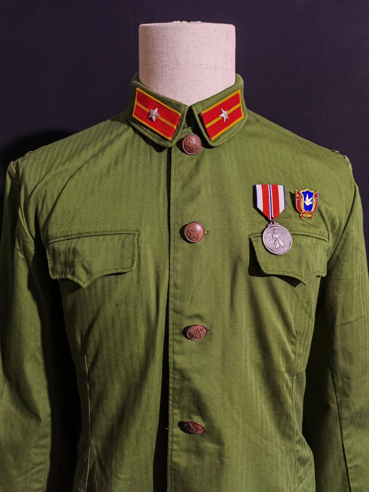 Original Late Type 58 Chinese Army Second Lieutenant Field Green Herringbone Spring & Autumn Service Uniform Jacket & Trousers Set