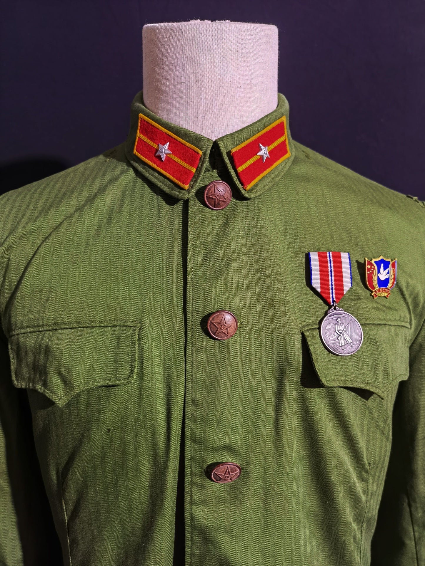 Original Late Type 58 Chinese Army Second Lieutenant Field Green Herringbone Spring & Autumn Service Uniform Jacket & Trousers Set