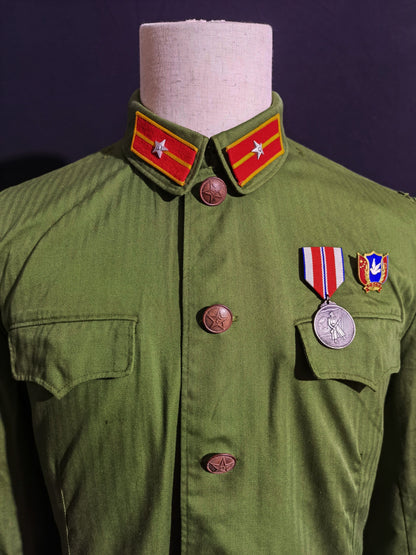 Original Late Type 58 Chinese Army Second Lieutenant Field Green Herringbone Spring & Autumn Service Uniform Jacket & Trousers Set