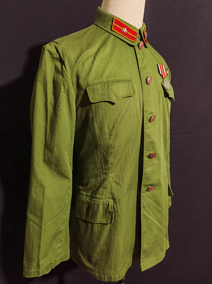 Original Late Type 58 Chinese Army Second Lieutenant Field Green Herringbone Spring & Autumn Service Uniform Jacket & Trousers Set