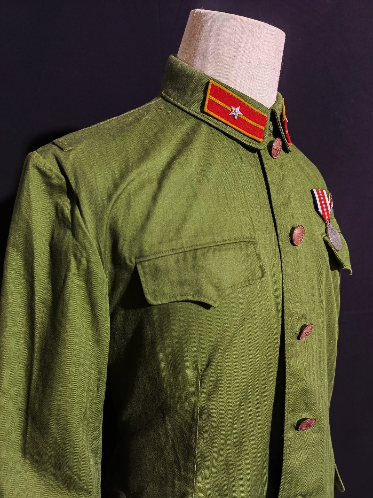 Original Late Type 58 Chinese Army Second Lieutenant Field Green Herringbone Spring & Autumn Service Uniform Jacket & Trousers Set