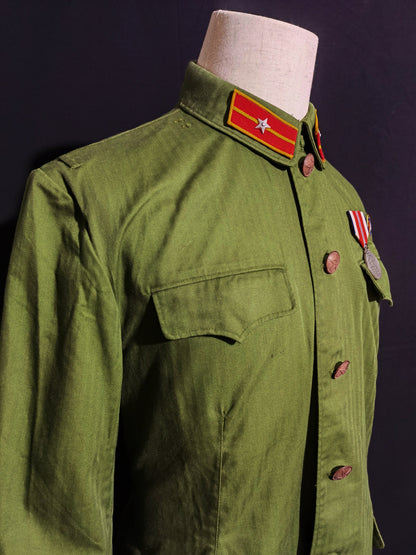 Original Late Type 58 Chinese Army Second Lieutenant Field Green Herringbone Spring & Autumn Service Uniform Jacket & Trousers Set