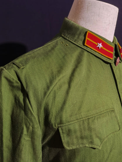 Original Late Type 58 Chinese Army Second Lieutenant Field Green Herringbone Spring & Autumn Service Uniform Jacket & Trousers Set