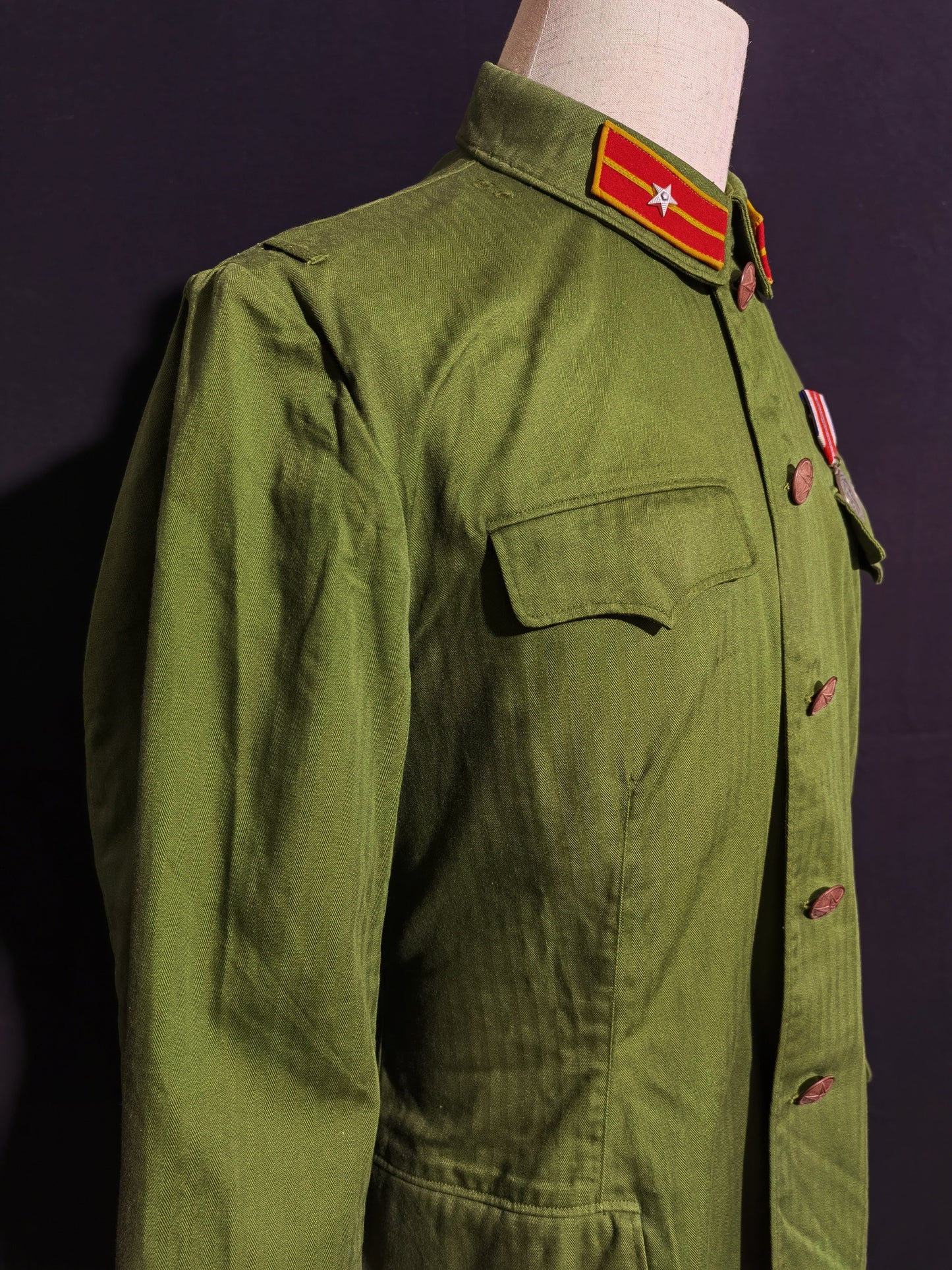 Original Late Type 58 Chinese Army Second Lieutenant Field Green Herringbone Spring & Autumn Service Uniform Jacket & Trousers Set