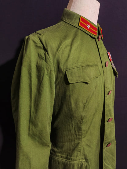 Original Late Type 58 Chinese Army Second Lieutenant Field Green Herringbone Spring & Autumn Service Uniform Jacket & Trousers Set