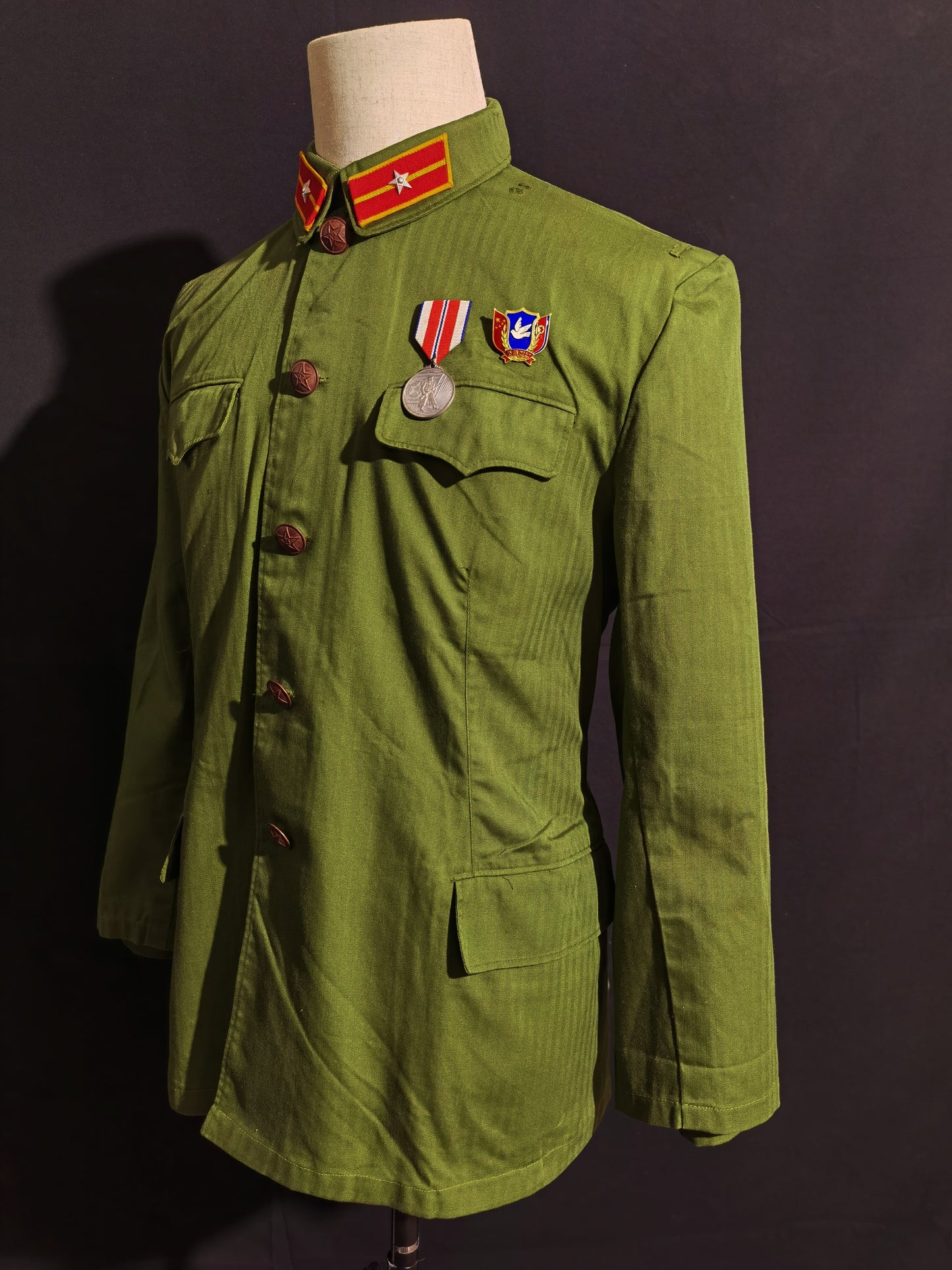 Original Late Type 58 Chinese Army Second Lieutenant Field Green Herringbone Spring & Autumn Service Uniform Jacket & Trousers Set