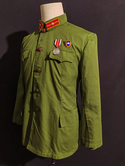 Original Late Type 58 Chinese Army Second Lieutenant Field Green Herringbone Spring & Autumn Service Uniform Jacket & Trousers Set