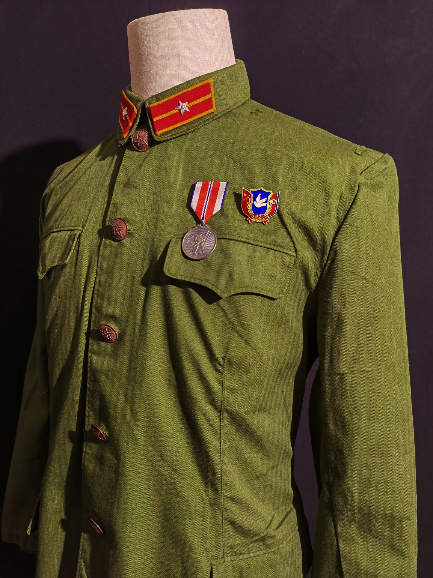 Original Late Type 58 Chinese Army Second Lieutenant Field Green Herringbone Spring & Autumn Service Uniform Jacket & Trousers Set