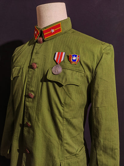 Original Late Type 58 Chinese Army Second Lieutenant Field Green Herringbone Spring & Autumn Service Uniform Jacket & Trousers Set